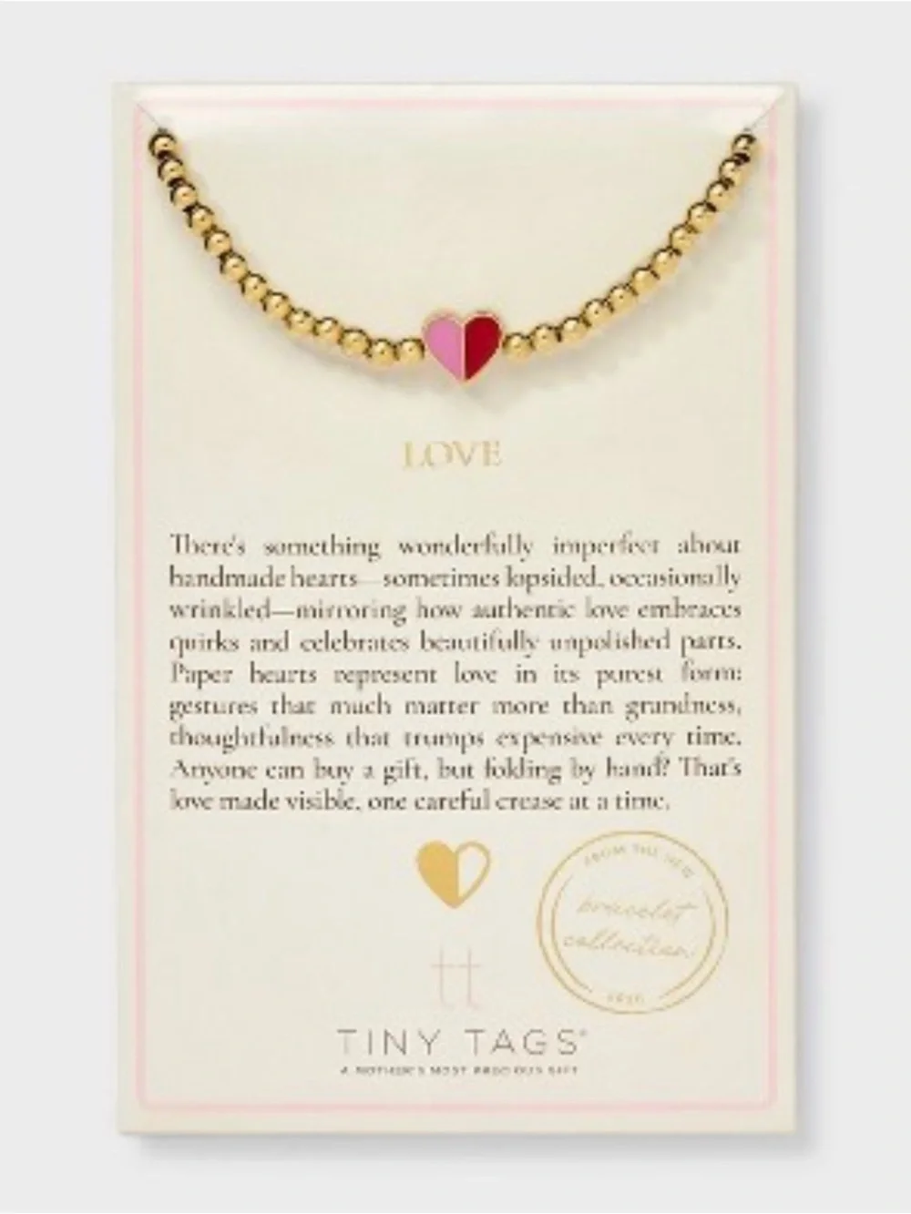 Gold Beaded Bracelet with Pink and Red Heart Charm